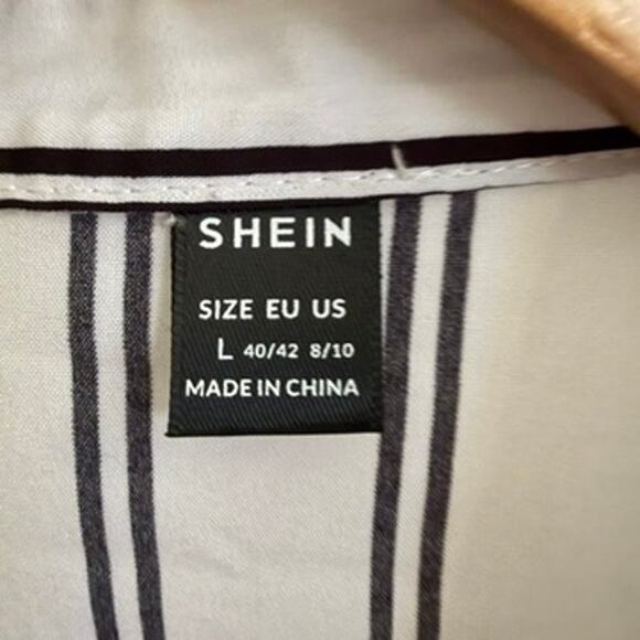 Women’s Black White Vertical Striped Button-Down Workwear Blouse Stretch Shein - Picture 4 of 7